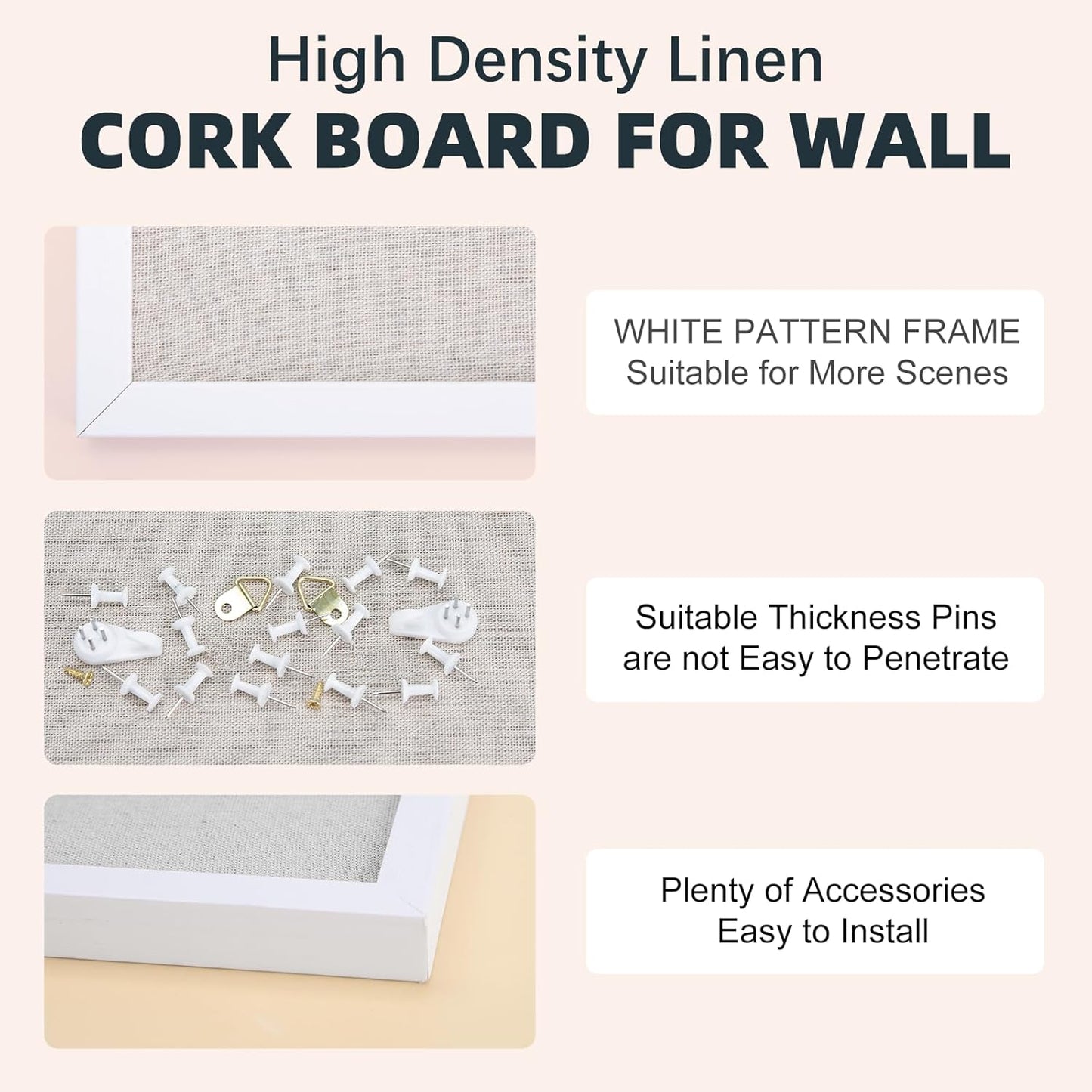 OWLKELA 17"x23" inch Linen Cork Board, White Frame, with 20 Pushpins, Bulletin Board with Linen, Ideal for School, Home & Office