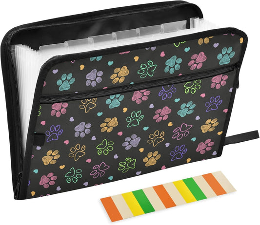 Gredecor 13 Pockets File Folder Organizer A4/Letter Water Resistant Colorful Doodle Paw Document Bag with Zipper Filing Folder Expanding File Pouch Storage for School Office