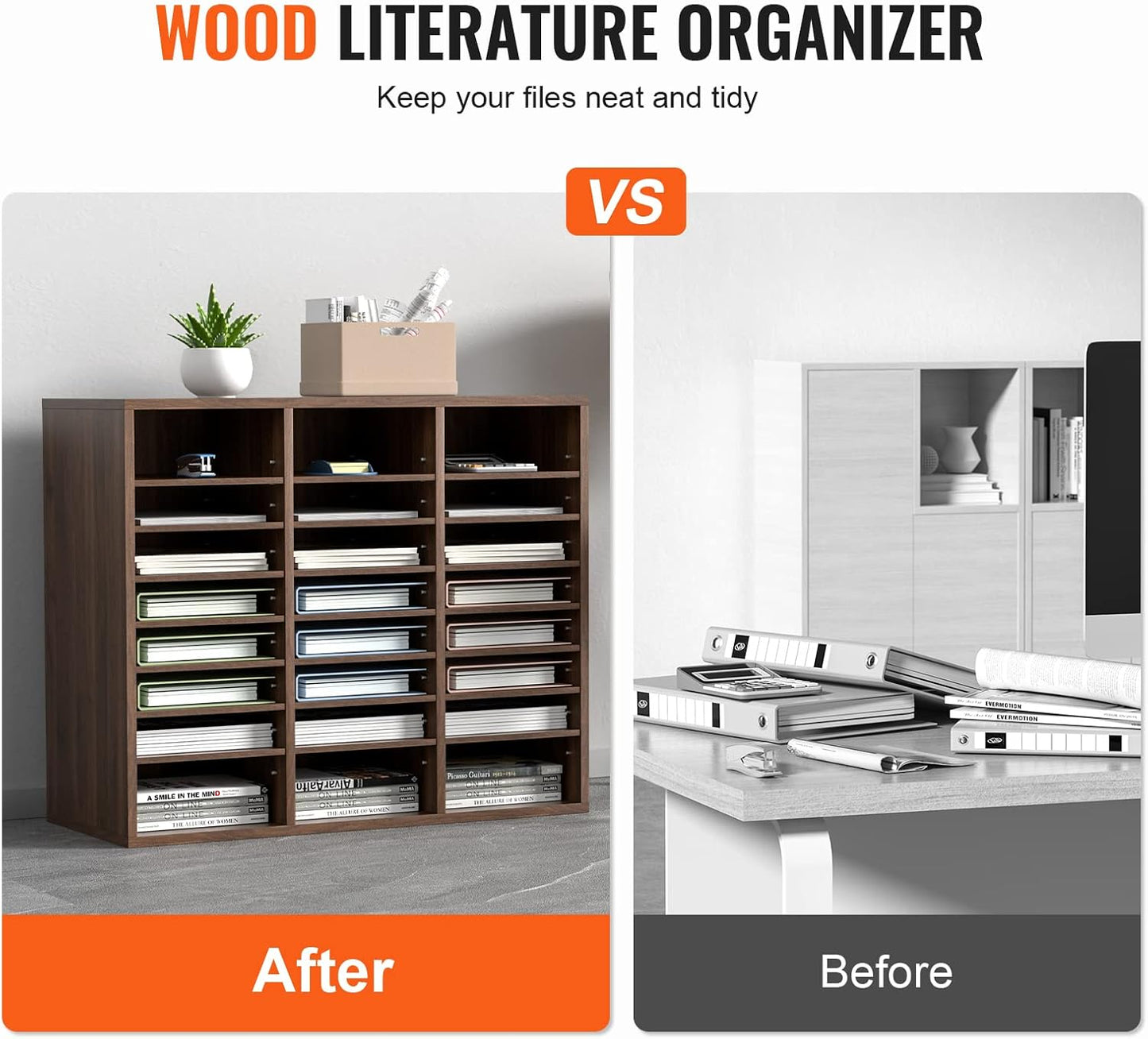 VEVOR 24-Compartment Office Mailbox, Adjustable Shelves, Wood Literature Sorter 29x12x24.4 inches – Ideal for Office, Home, Classroom, Mailrooms Organization – EPA Certified (Brown)