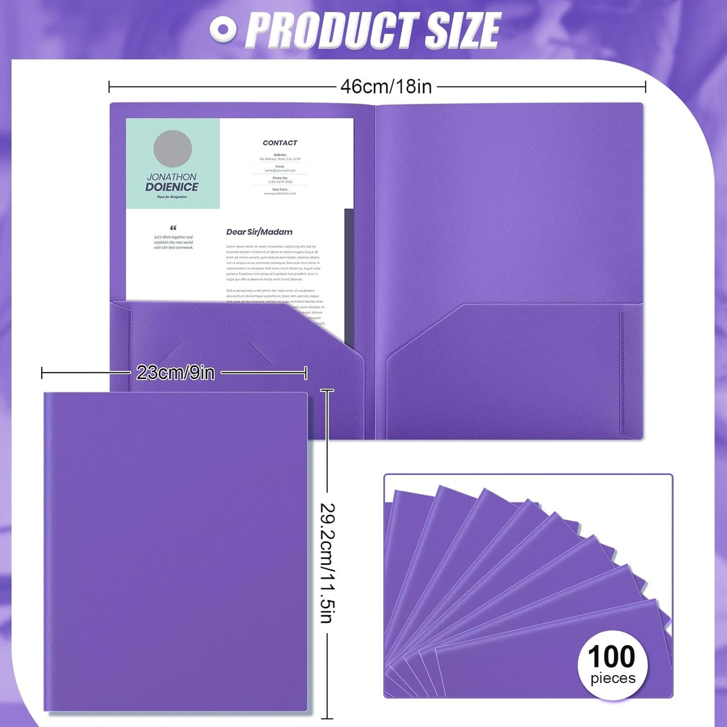 Gueevin 100 Pcs Two Pocket Folders Bulk Plastic File Folder with 2 Pockets Letter Size Paper Heavy Duty Durable Portfolios Case for Home Office School Business 11.61 x 9.45 Inch (Purple)