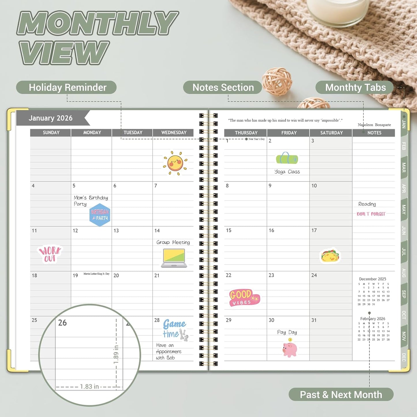 Academic Planner 2026 (8.5" x 11") - Weekly & Monthly Planner (Jan. 2026 - Dec. 2026), Column View Calendar Organizers, Hardcover Agenda Book with Tabs for Office & School, Green