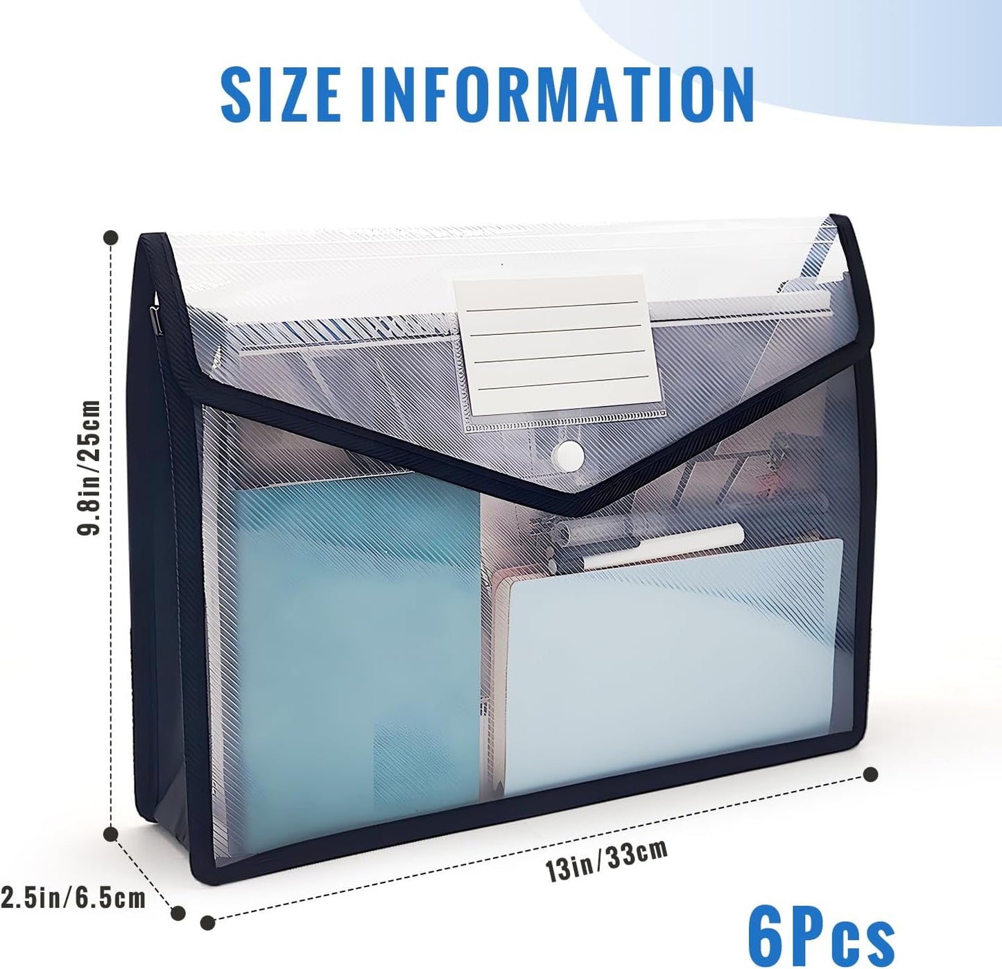 Plastic Expanding File Folder,Envelope Folders for Documents, File Folder Organizer Holder with Snap Closure,Waterproof Transparent File Folder,Large Capacity, Fit Letter/A4 Size (Black-6 Pack)