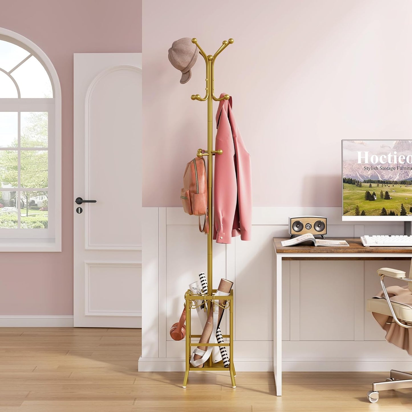 Hoctieon Coat Rack Freestanding, Coat Tree with Umbrella Holder, Metal Coat Rack Stand with 12 Hooks, Standing Coat Hanger Stand, Umbrella Stand for Entryway, Hat Rack Stand for Home Office, Gold