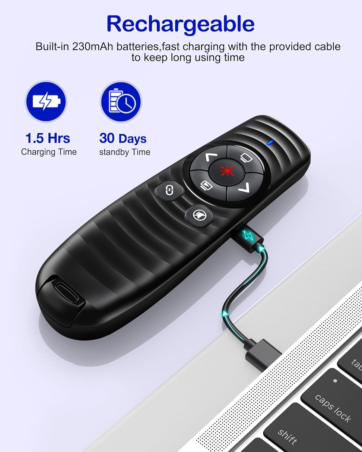 Wireless Presentation Clicker, Powerpoint Clicker Remote with Laser Pointer,Rechargeable Presentation Remote with Hyperlink & Volume Control for PowerPoint, Mac, Computer, Laptop