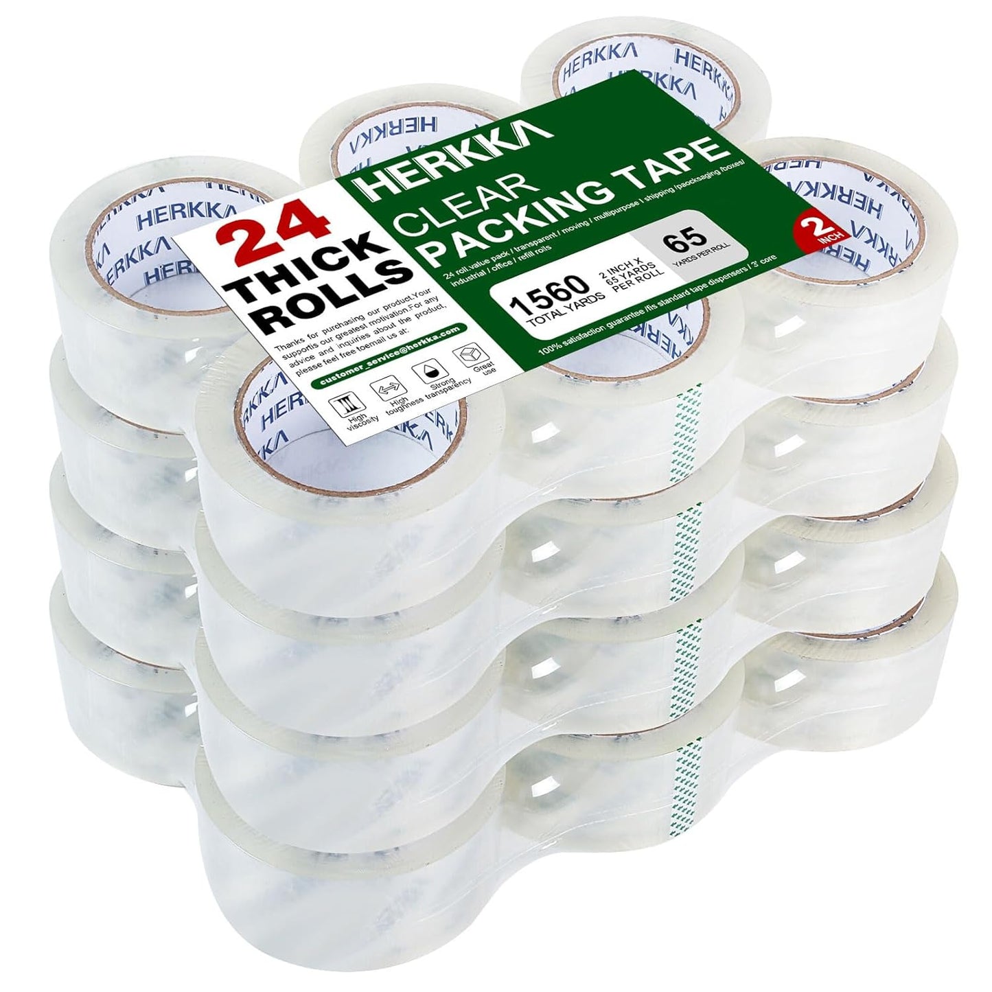 HERKKA Clear Packing Tape, 24 Rolls Heavy Duty Packaging Tape for Shipping Packaging Moving Sealing, Thicker Clear Packing Tape, 2 inches Wide, 65 Yards Per Roll, 1560 Total Yards