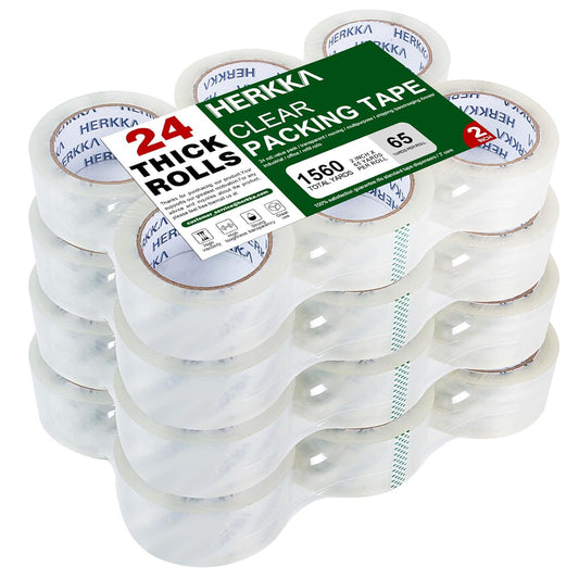 HERKKA Clear Packing Tape, 24 Rolls Heavy Duty Packaging Tape for Shipping Packaging Moving Sealing, Thicker Clear Packing Tape, 2 inches Wide, 65 Yards Per Roll, 1560 Total Yards