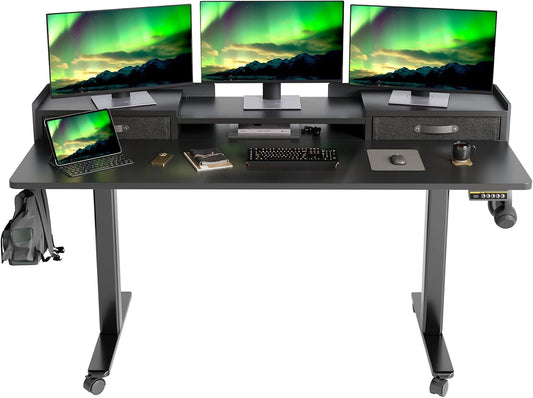 Claiks Standing Desk with Drawers, Adjustable Stand Up Electric Standing Desk Adjustable Height with Storage Shelf and Splice Board, 63 Inch, Black