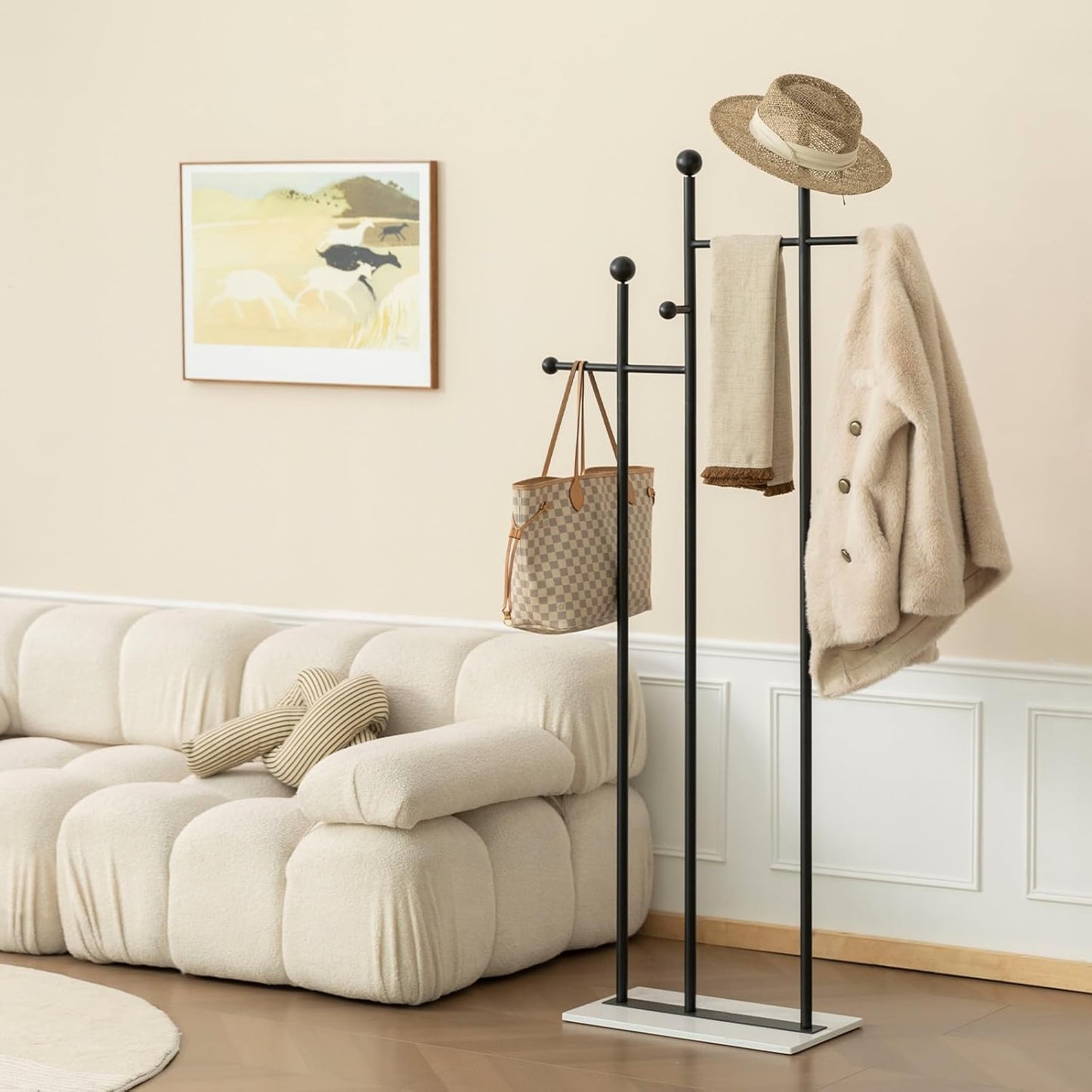 Standing Coat Rack with Marble Base Heavy Duty Clothes Hanger Rack Metal Coat Tree for Clothes Hats Scarfs Purses 19.69 x 11.02 x 68.9 Inches (Black)