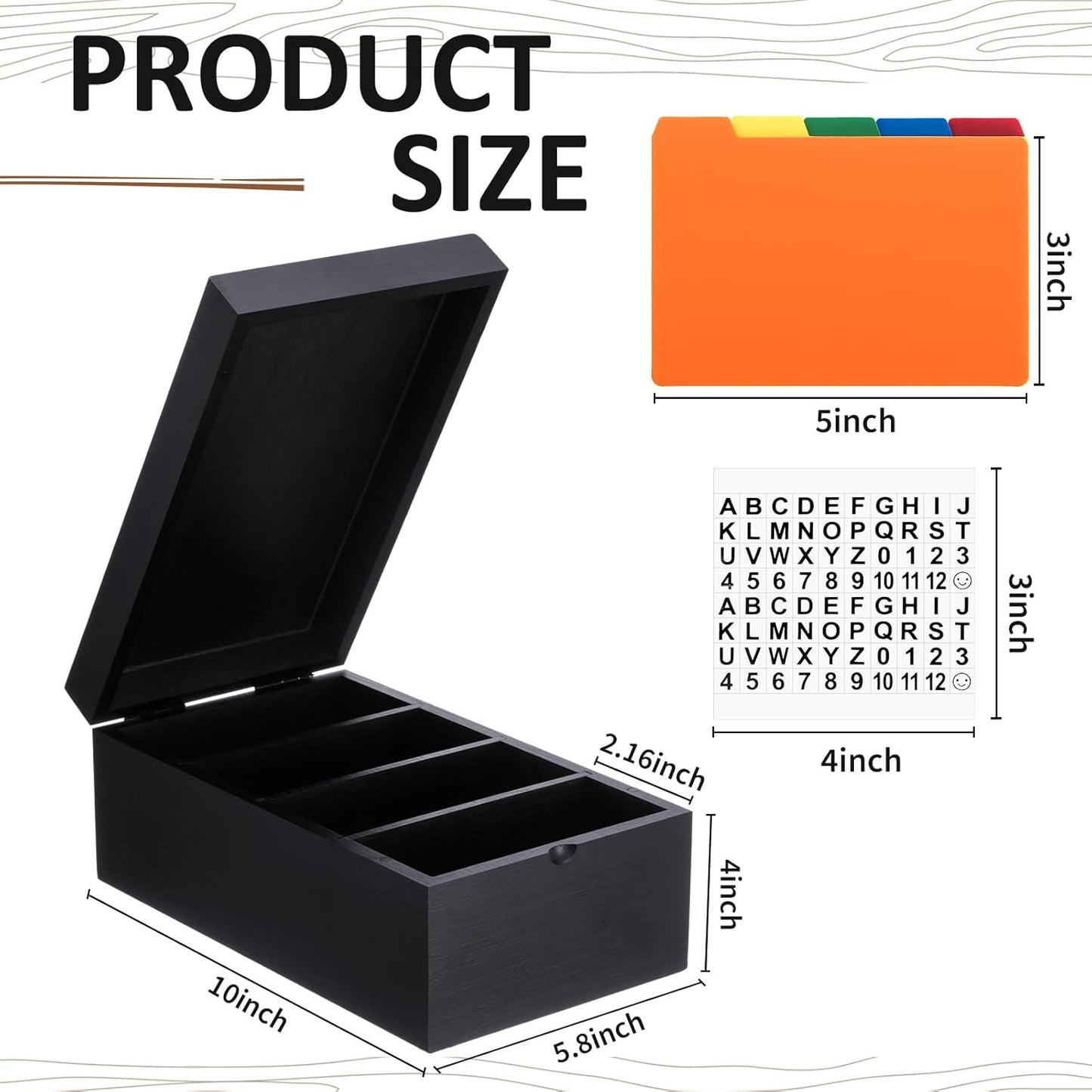 Henoyso 3 x 5 Inch Index Card Holder Set, Bamboo Recipe Box Organizer Index Cards Organizer, 50 Pcs Dividers 2 Sheets Alphabet Number Stickers File Note Holders for Office Business Home Kitchen, Black