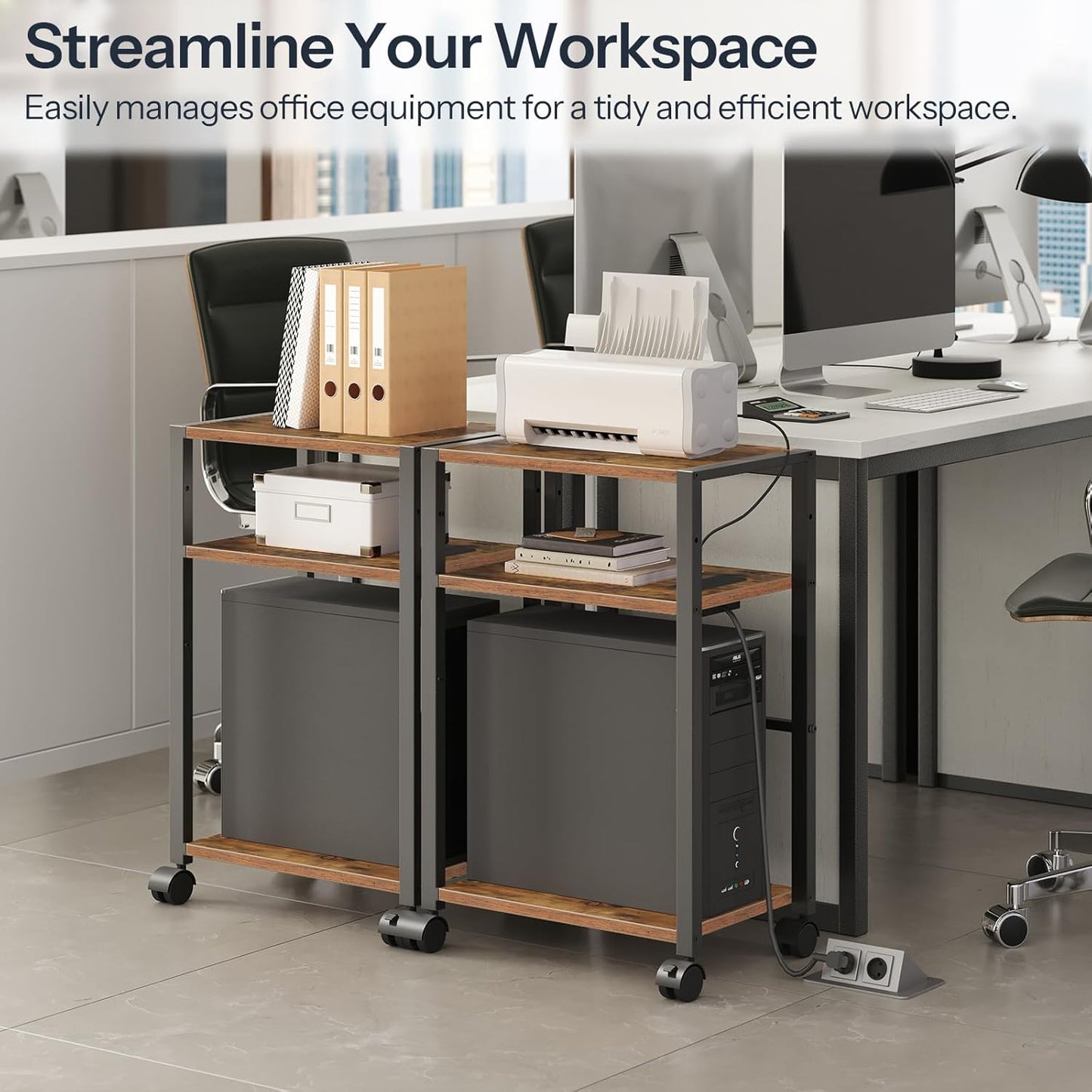 HOOBRO Computer Tower Stand, 3-Tier PC Tower Stand, PC Stand with Charging Station, Mobile CPU Stand Fits Most PC, Adjustable Shelf, for PC Tower, Printer, Home Office, Rustic Brown BF12UCJ01