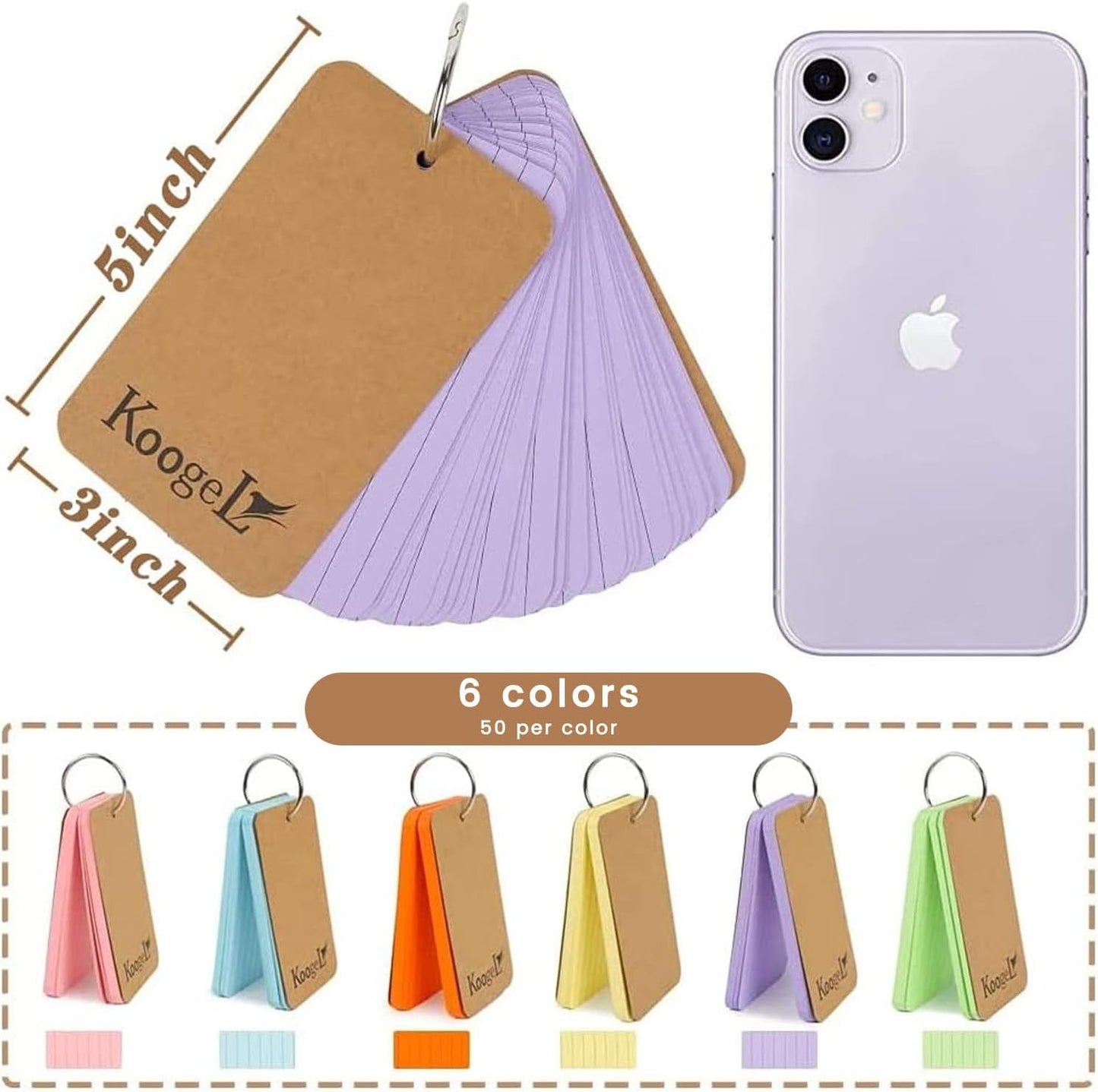 Koogel 300PCS Index Cards with Ring, 3x5 Colored Index Card with Ring for Back to School, Heavyweight Lined Notecards for Studying School Supplies Learning Memory Note Taking To Do List, 6 Colors