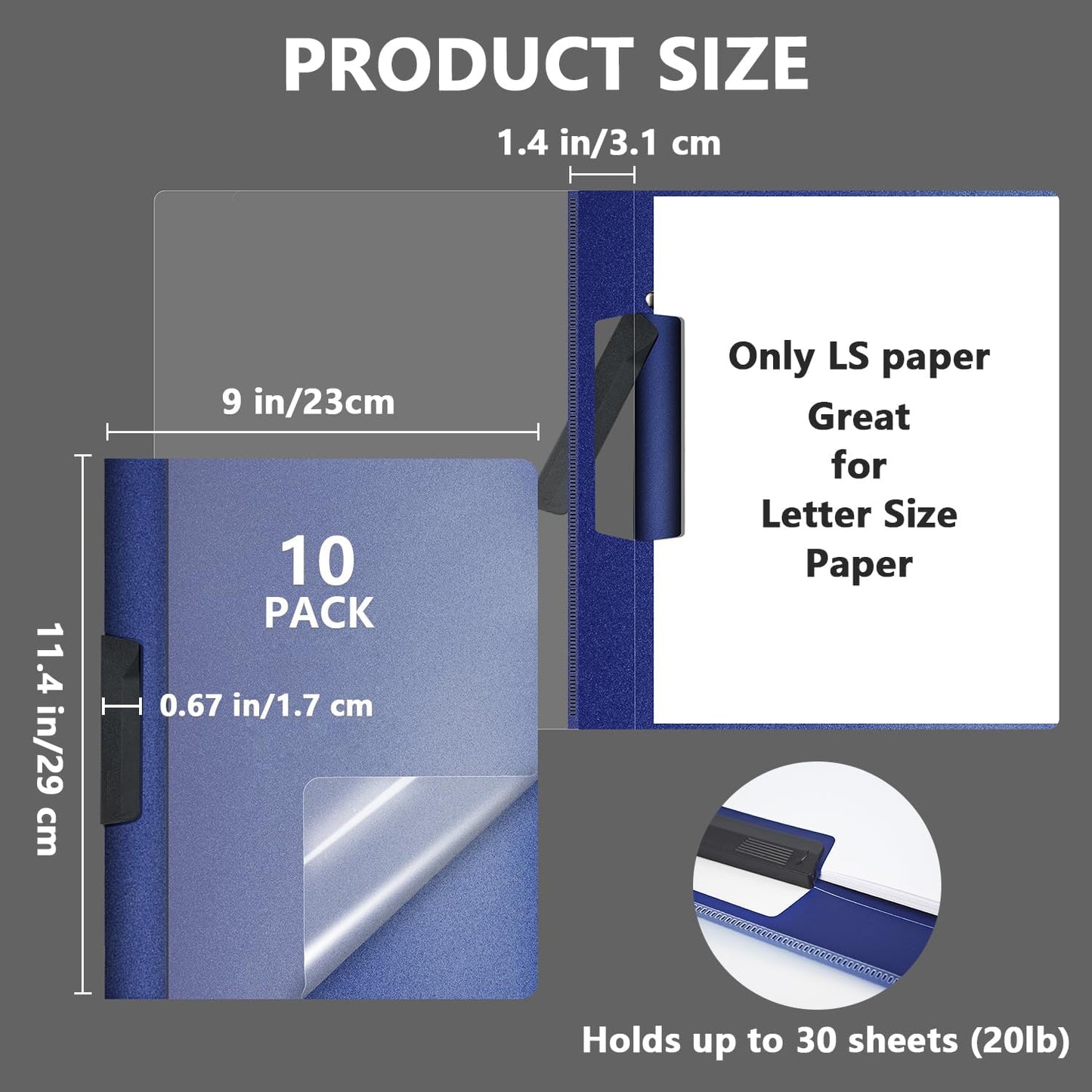 TOTiyea 10 Pack Clear Report Covers with Swing Clip, File Folder with Swing Clip, 30 Sheets Capacity, Slide Locking Report Covers, Letter Size (Navy, 10 Pack)