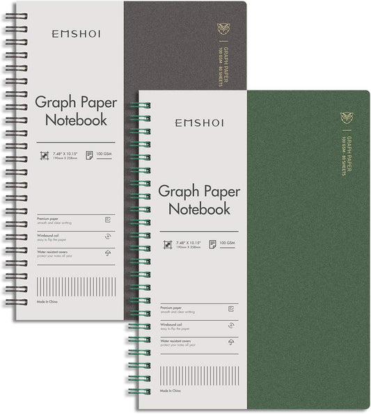 EMSHOI Graph Paper Spiral Notebook 7.48" x 10.15" - B5 Graph Paper Notebook, 2 Pack 320 Pages 100gsm Thick Grid Paper, Plastic Hardcover Journals for Writing Engineering Graphing Work School Supplies