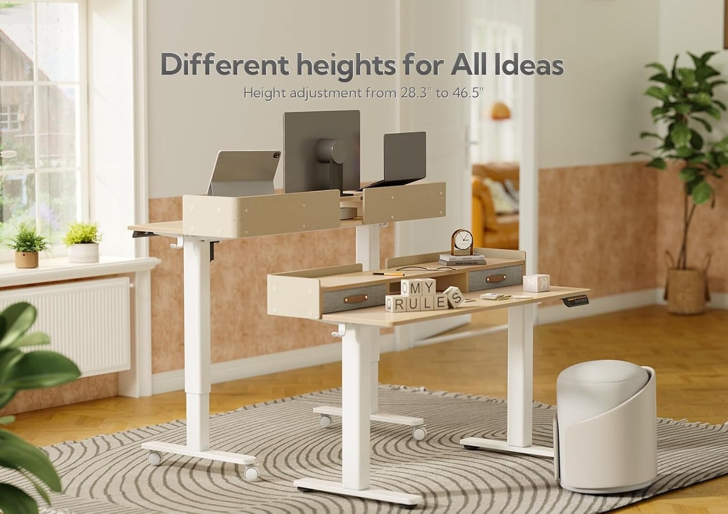 Claiks Standing Desk with Drawers, Stand Up Electric Standing Desk Adjustable Height, Sit Stand Desk with Storage Shelf and Splice Board, 55 Inch, Natural