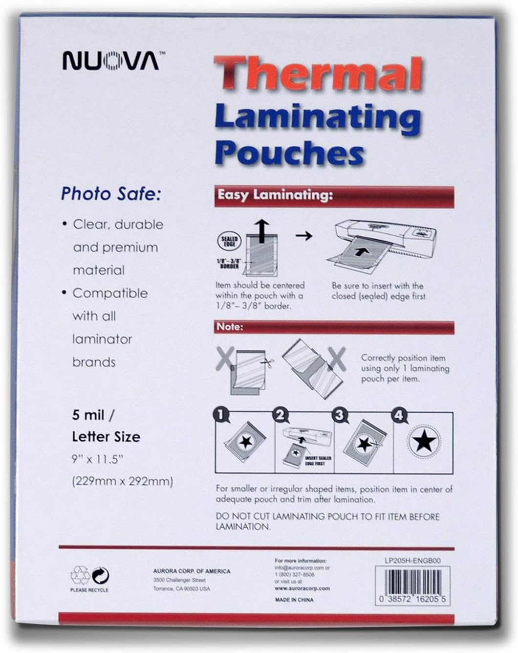 Nuova 200-Pack, 5 Mil Thermal Laminating Pouches 9 x 11.5 Inches, Letter Size (LP205H)