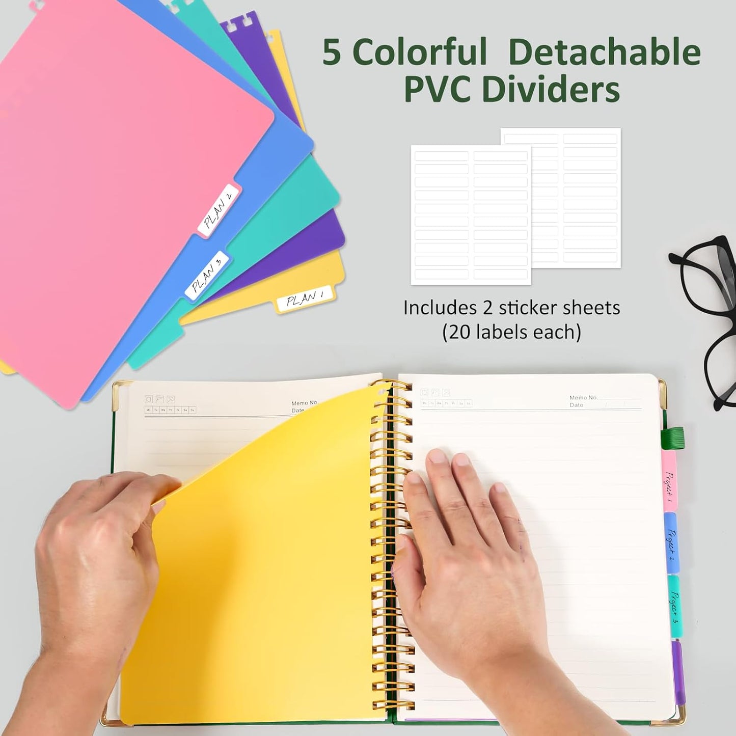 Hardcover Spiral Notebook Journal, 8"x10" Large B5 Notebooks with Removable Dividers Tabs, 300 Pages Leather 5 Subject Notebook College Ruled, Journal for Work School Note, 100 GSM Thick Paper,Green.