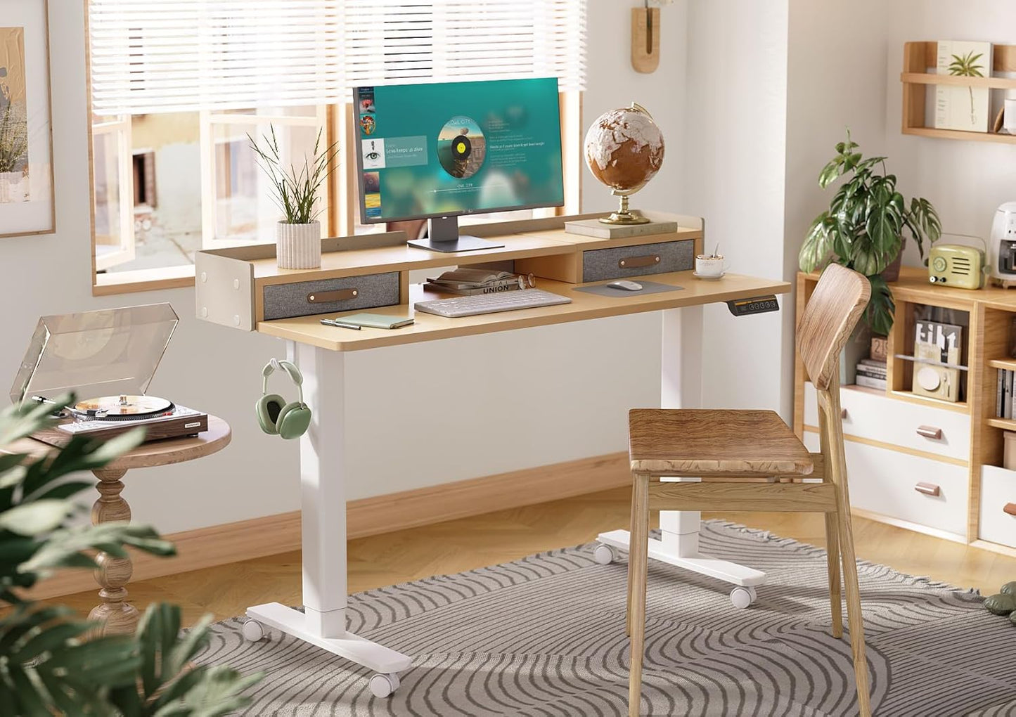 Claiks Standing Desk with Drawers, Stand Up Electric Standing Desk Adjustable Height, Sit Stand Desk with Storage Shelf and Splice Board, 55 Inch, Natural