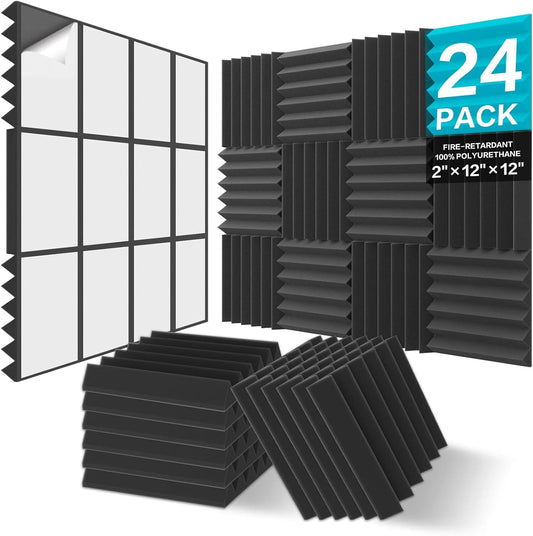 JBER 24 Pack Sound Proof Acoustic Foam Panels, Thicken, 5 X 30 X 30 cm Self-Adhesive Acoustic Wall Paddings for Home Office Studios (Black)