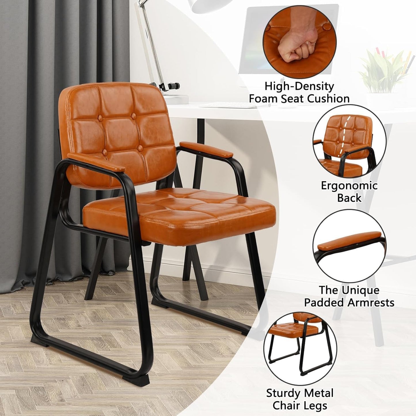 CLATINA Office Guest Chair, Leather Reception Chairs with Padded Arms, Desk Chair No Wheels Stationary for Conference Lobby Waiting Room Training Side Elderly, Orange