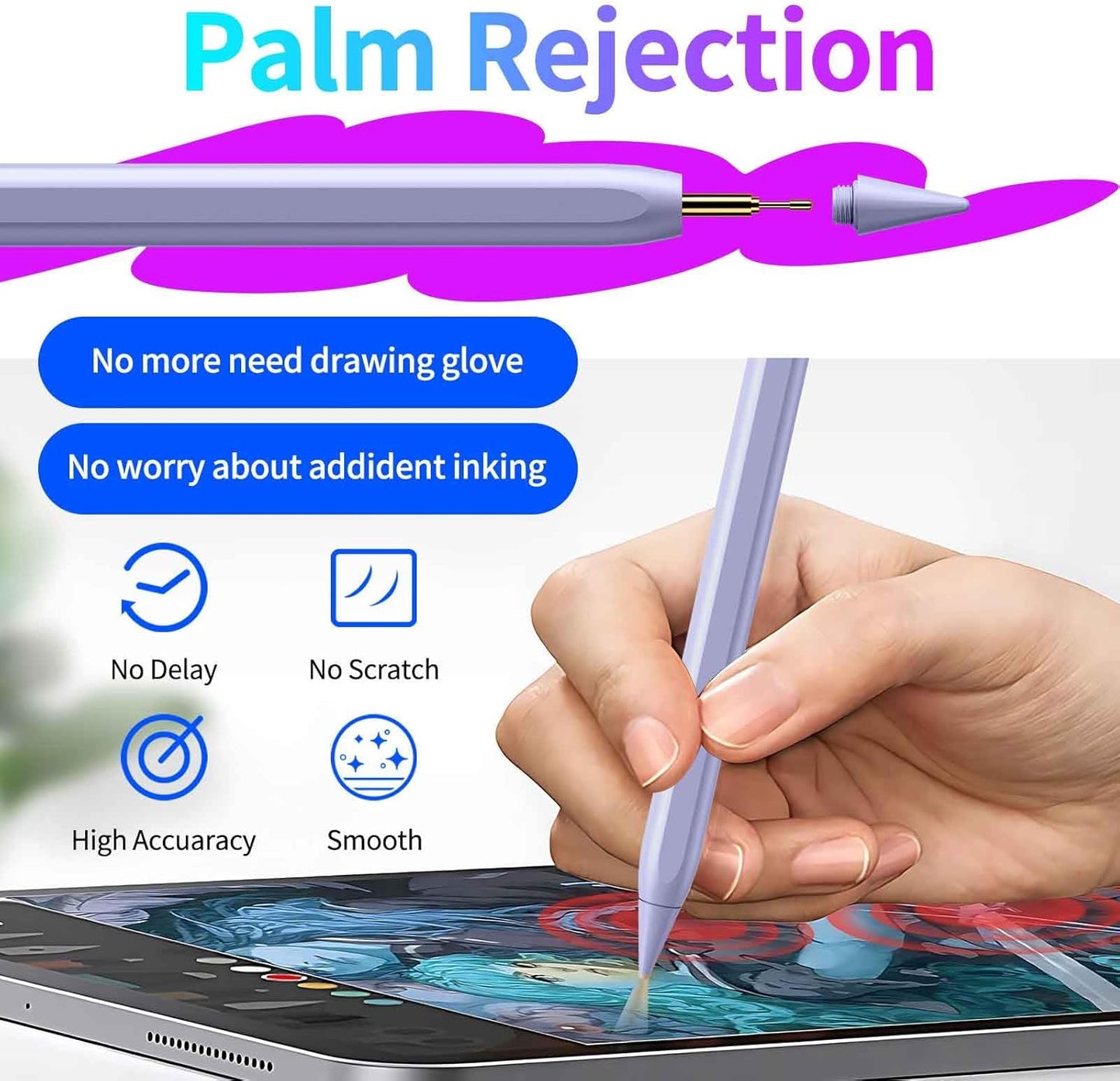 Stylus Pen for iPad, Fast Charging Pencil for Pad with Palm Rejection, Tilt Sensitivity for iPad 6-10, Pro 11"/12.9"/M4, Air 3/4/5/M2, Mini 5/6, Purple