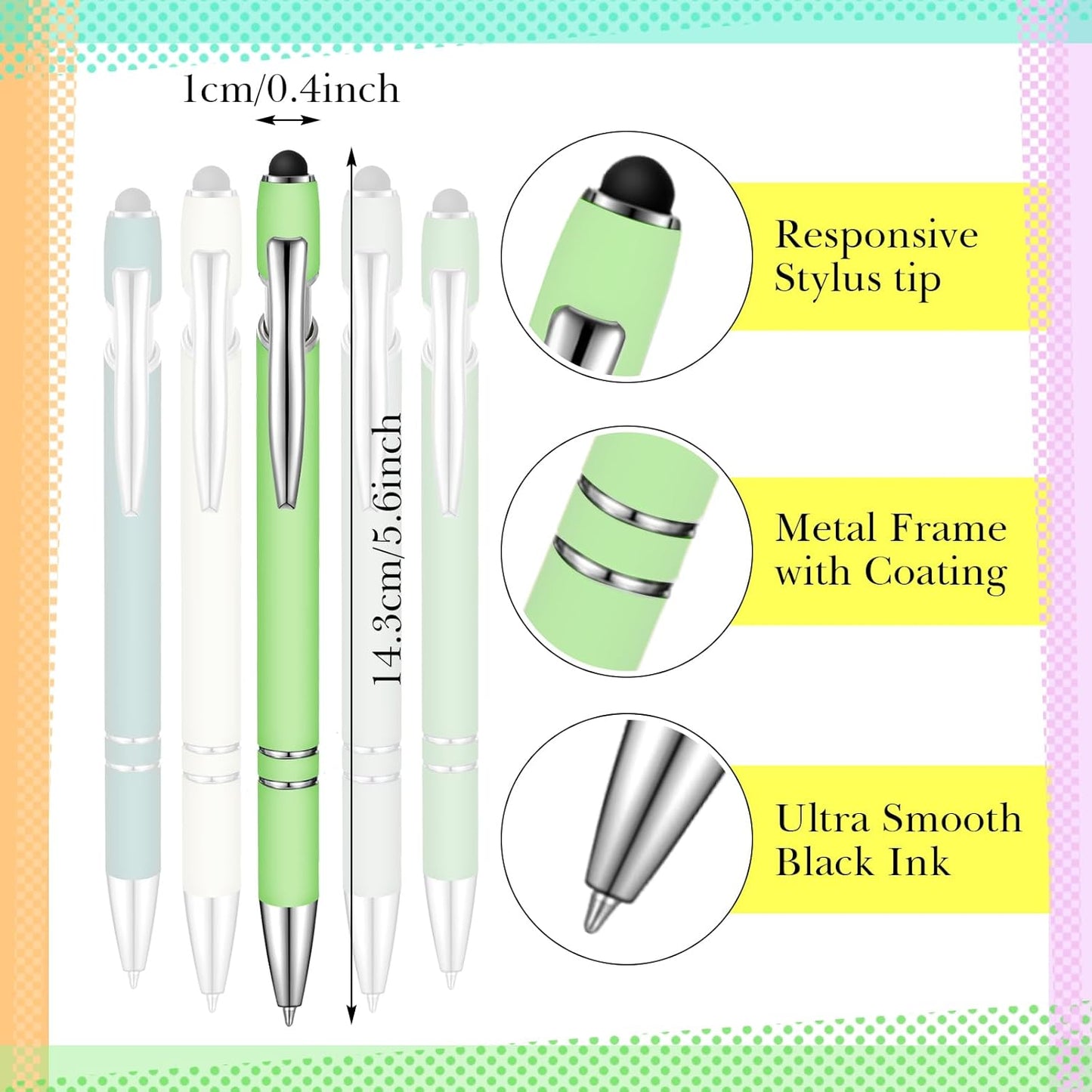 Zonon 38 Pieces Rubberized Ballpoint Pen with Stylus Tip Stylish Metal Pen Capacitive Styli with Soft Rubberized Grip, Black Ink for Most Devices(Charming Colors)