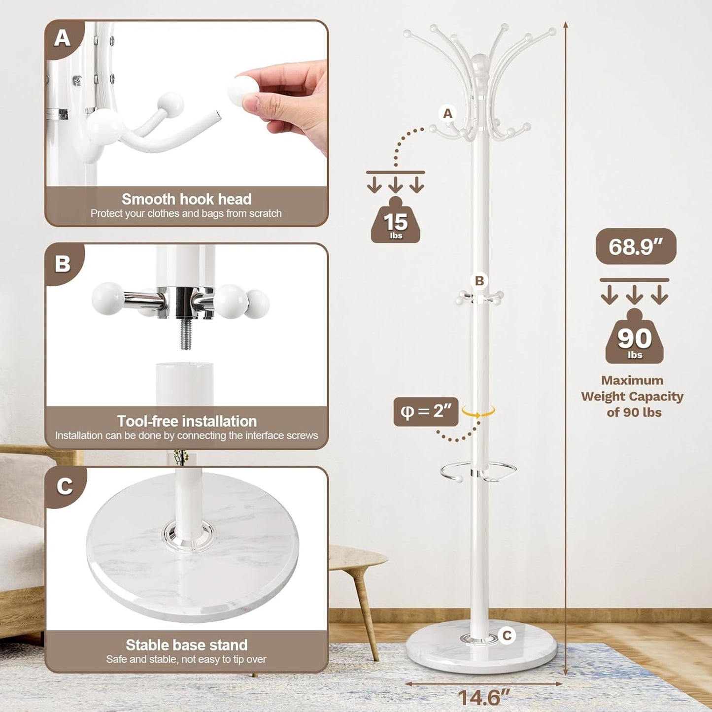 Coat Rack Freestanding with Marble Base, Heavy Duty Clothes Tree with Hooks and Umbrella Storage, Metal Hall Holder for Hanging Jacket, Hats, Scarf, Bag, Suitable for Entryway,Bedroom