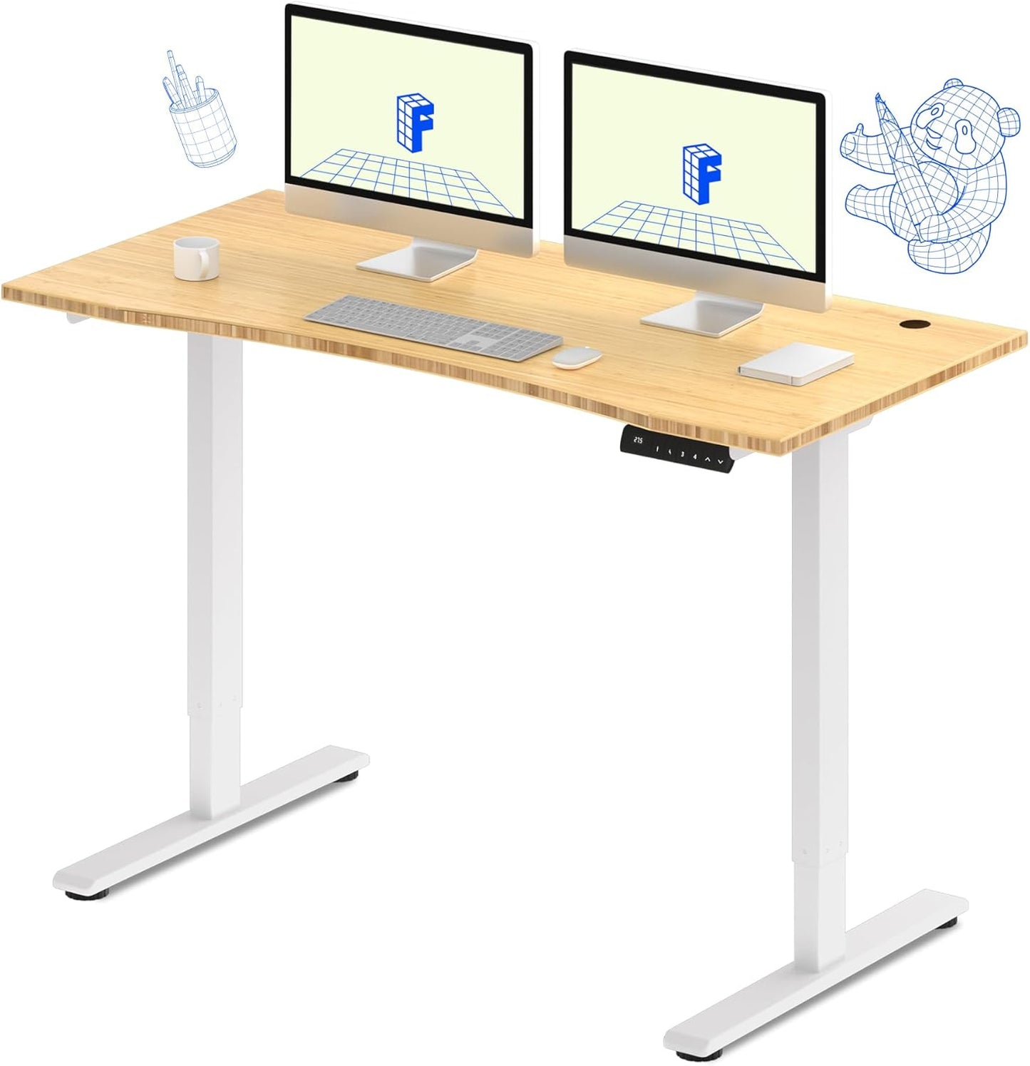 FLEXISPOT E3 Bamboo Dual Motor 55x28 Inch Electric Height Adjustable Standing Desk Whole-Piece Board Desk Sit Stand Up Desk (White Frame + Bamboo Curved Desktop)