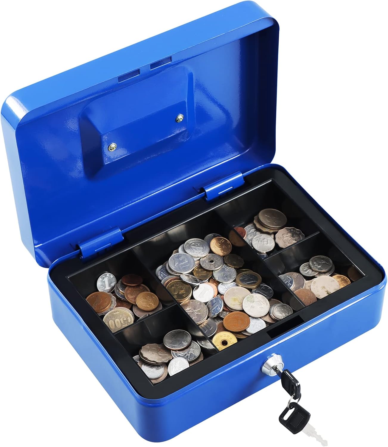 xydled Locking Steel Large Cash Box with Removable Coin Tray and Key Lock,9.84"x 7.87"x 3.54",Blue