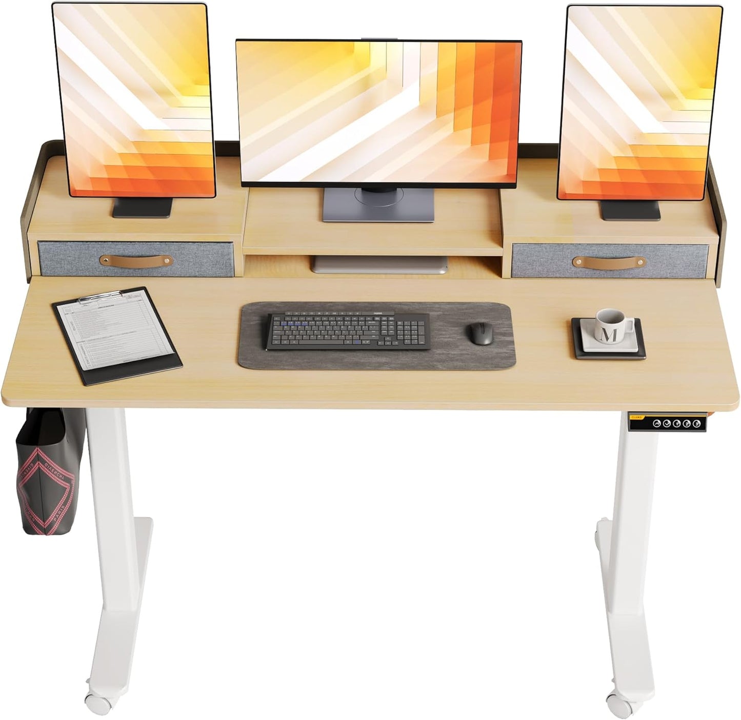 Claiks Standing Desk with Drawers, Stand Up Electric Standing Desk Adjustable Height, Sit Stand Desk with Storage Shelf and Splice Board, 55 Inch, Natural