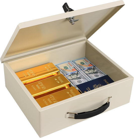 KYODOLED Fireproof Document Box with Key Lock, Small Safe Box for Valuables, Fire and Water Resistance, Fireproof Lock Box for Passport, Cash, Tablet, Exterior 12.8'' x 8.4'' x 4.5'' Beige