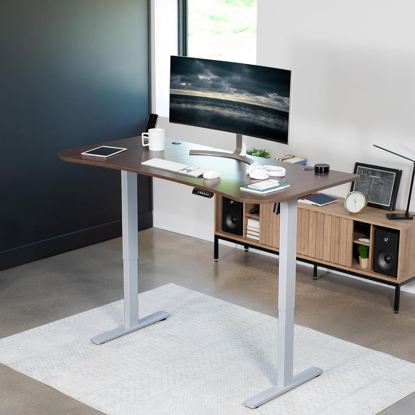 VIVO Electric 63 x 32 in Standing Desk, Memory Height Adjustment, 1B Series, Dark Walnut Top Gray Frame, DESK-KIT-1G1D