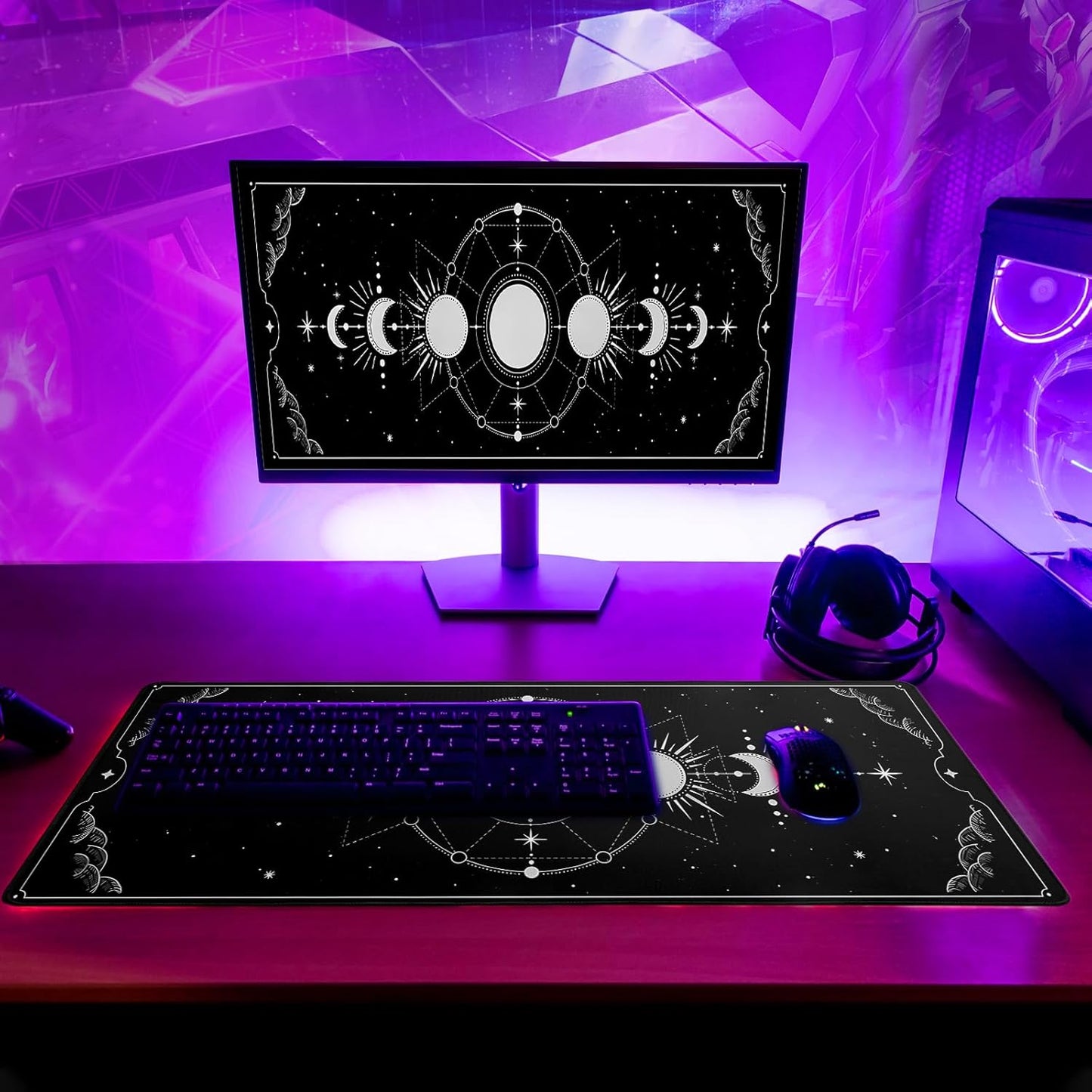 Sun Moon Gaming Mouse Pad Black Large Mouse Pad for Keyboard and Mousepad Desk Mat with 3mm Non-Slip Base and Stitched Edge for Gaming and Office Computer Mat Protector Mat 27.6x11.8 Inch