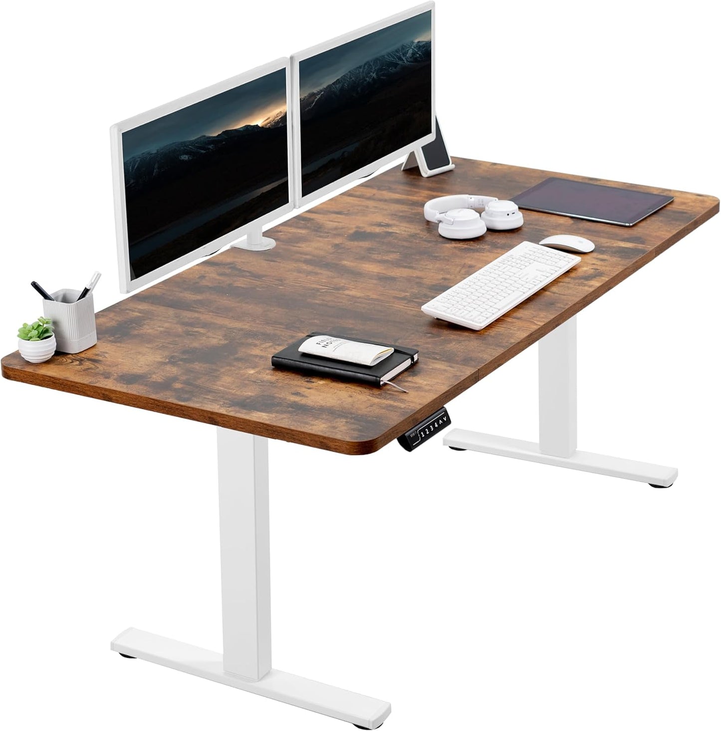 VIVO Electric 60 x 30 in Rustic Standing Desk, Memory Height Adjustment, 1B Series, Vintage Brown Top White Frame, DESK-KIT-1W6N-30