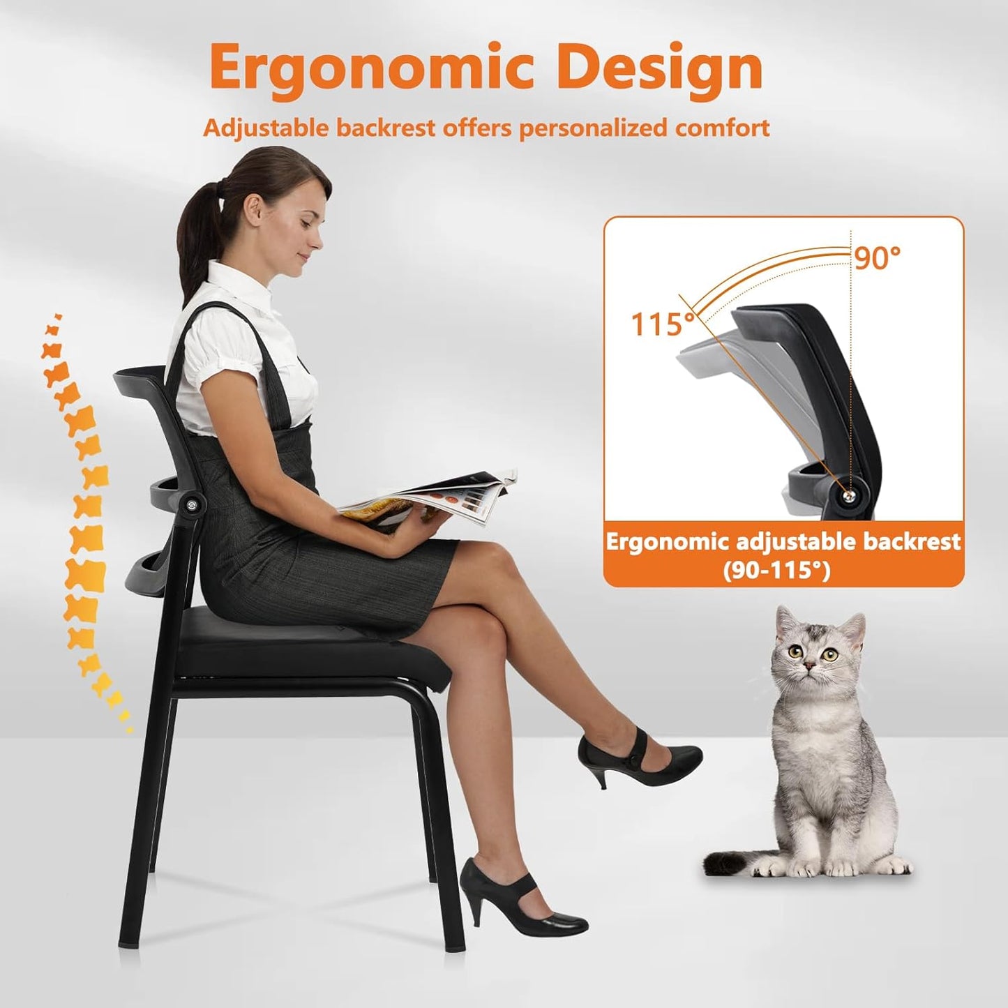 CLATINA Stacking Waiting Room Chairs, Adjustable Mesh Backrest Armless Office Guest Reception Chair with Leather Cushion and Ergonomic Lumbar Support for Conference Lobby Side School Classroom, 4PK