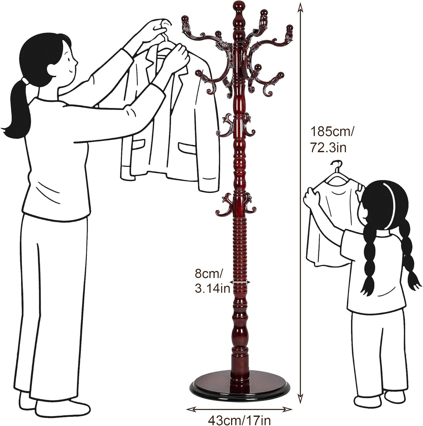 Vintage Free Standing Coat Rack with Disc Base, Solid Wood Coat Hanger Stand with 18 Hooks and 3 Adjustable Size, Standing Coat Rack Tree for Entryway, Bedroom, Hallway, Office, Apartment