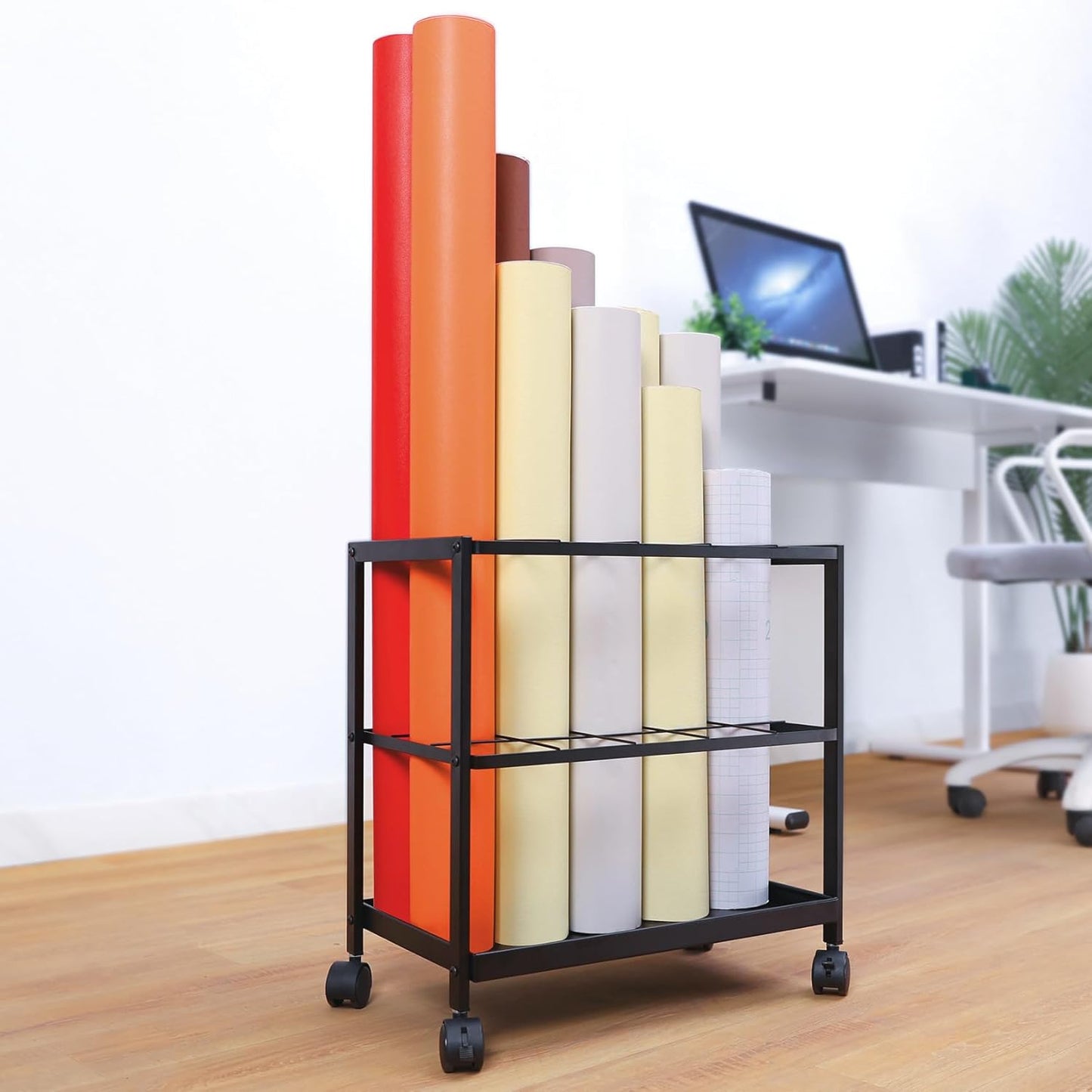 Premium Blueprint Storage Rack Cart - 15 Slots Metal Blueprint Holder with Double-Layer Grids Ensures Secure, Non-Slip Storage, Organizing Posters, Architectural Plans, and Artwork Stably.