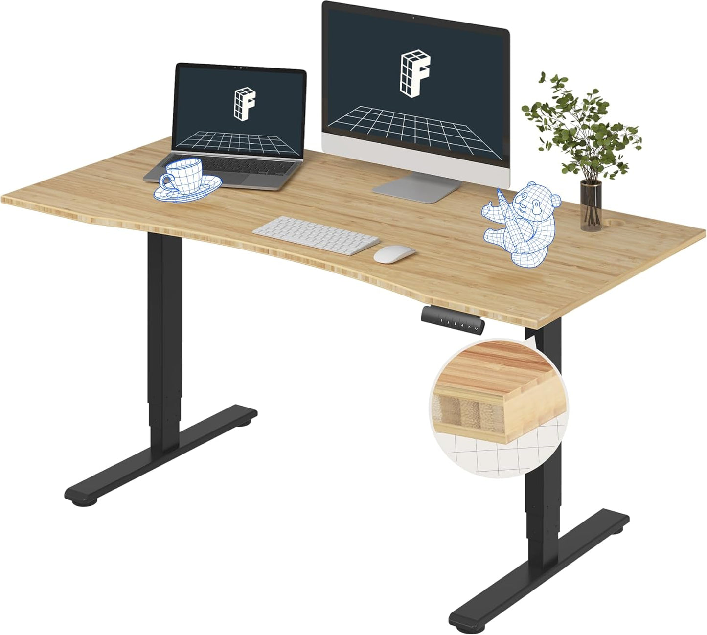 FLEXISPOT E6 Essential Bamboo 3 Stages Dual Motor 60x30 Inch Electric Height Adjustable Standing Whole-Piece Board Desk Sit Stand Up Desk (Black Frame + Bamboo Curved Desktop)