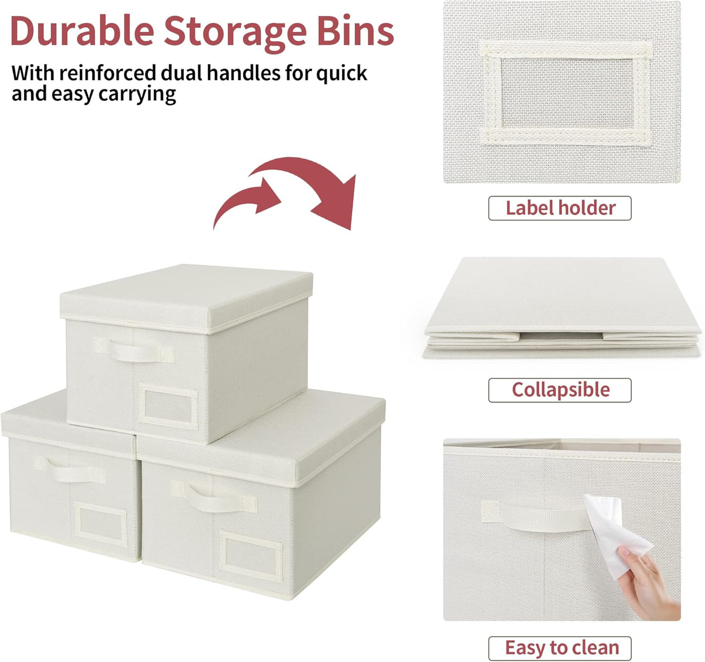 GRANNY SAYS Storage Baskets for Organizing, Linen Closet Shelf Organizers and Storage Containers with Label Holder, Large Storage Bins with Lids for Bedroom, Ivory, 3-Pack