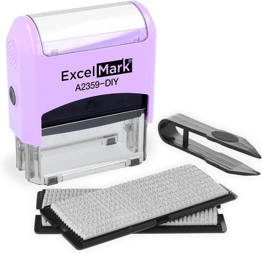 ExcelMark Self-Inking DIY Custom Rubber Stamp Kit - Personalized Stamper for Business or Home - Address Stamp, Message Stamp, and More (Purple)