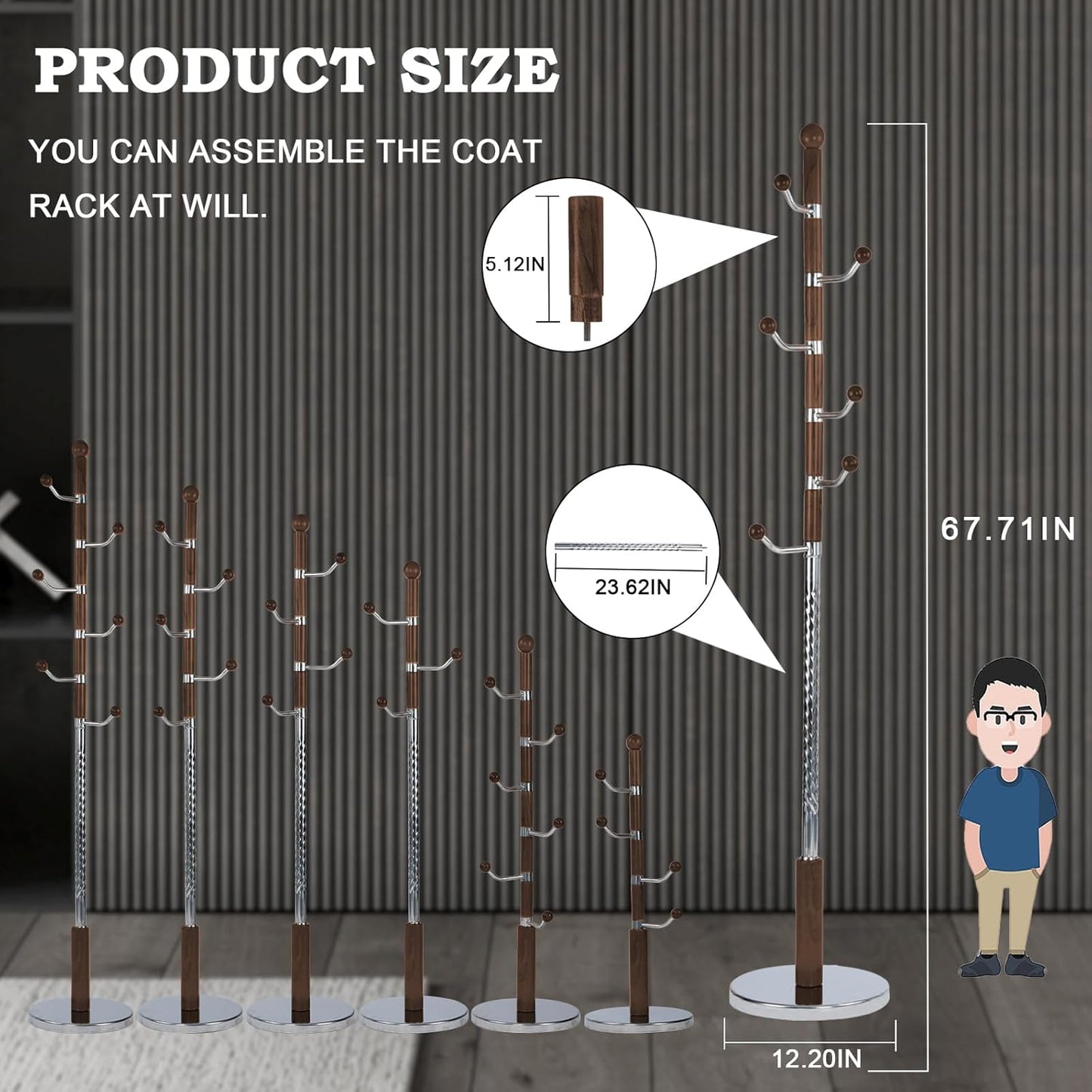 Coat Racks FreeStanding with 11 Hooks, Natural Wood Coat Rack with Solid Round Base, Adjustable Height Coat Racks, Easy Assembly for Hallway, Bedroom and Office (Walnut Metal)
