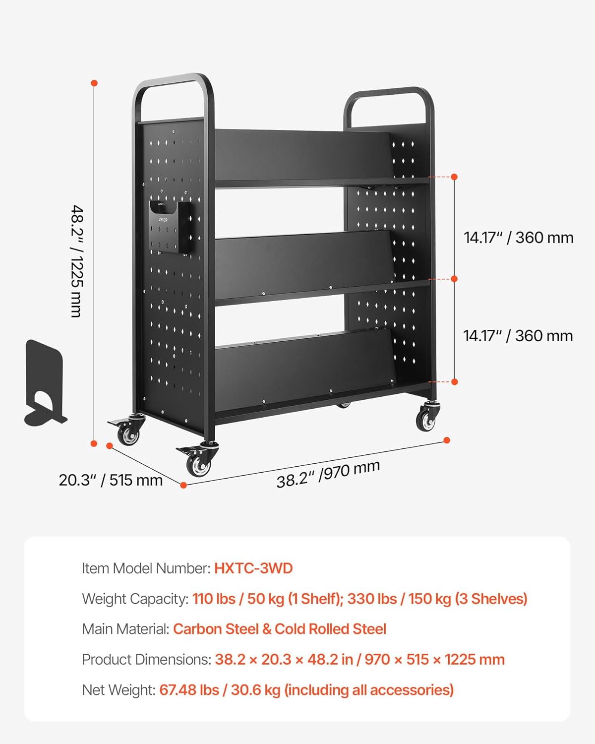 VEVOR Rolling Library Book Cart, 330 lbs Capacity, 38.2 x 20.3 x 48.2-Inch Library Cart, Double Sided W-Shaped Shelves with 3-Inch Lockable Wheels, Book Truck for Home Shelves Office and School, Black