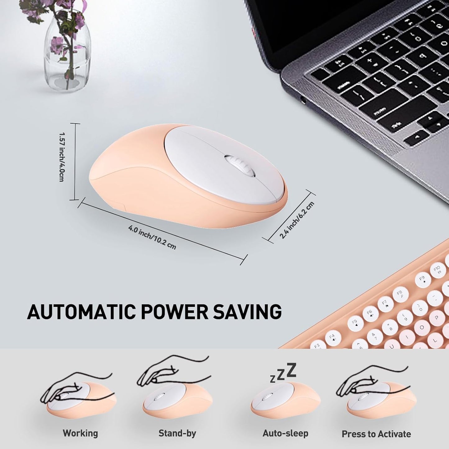 Wireless Keyboard and Mouse Combo, 2.4 GHz Full-Sized Wireless Keyboard Mouse with Round Keycaps for Windows, Computer, Desktop, PC, Laptop (GradientPink)