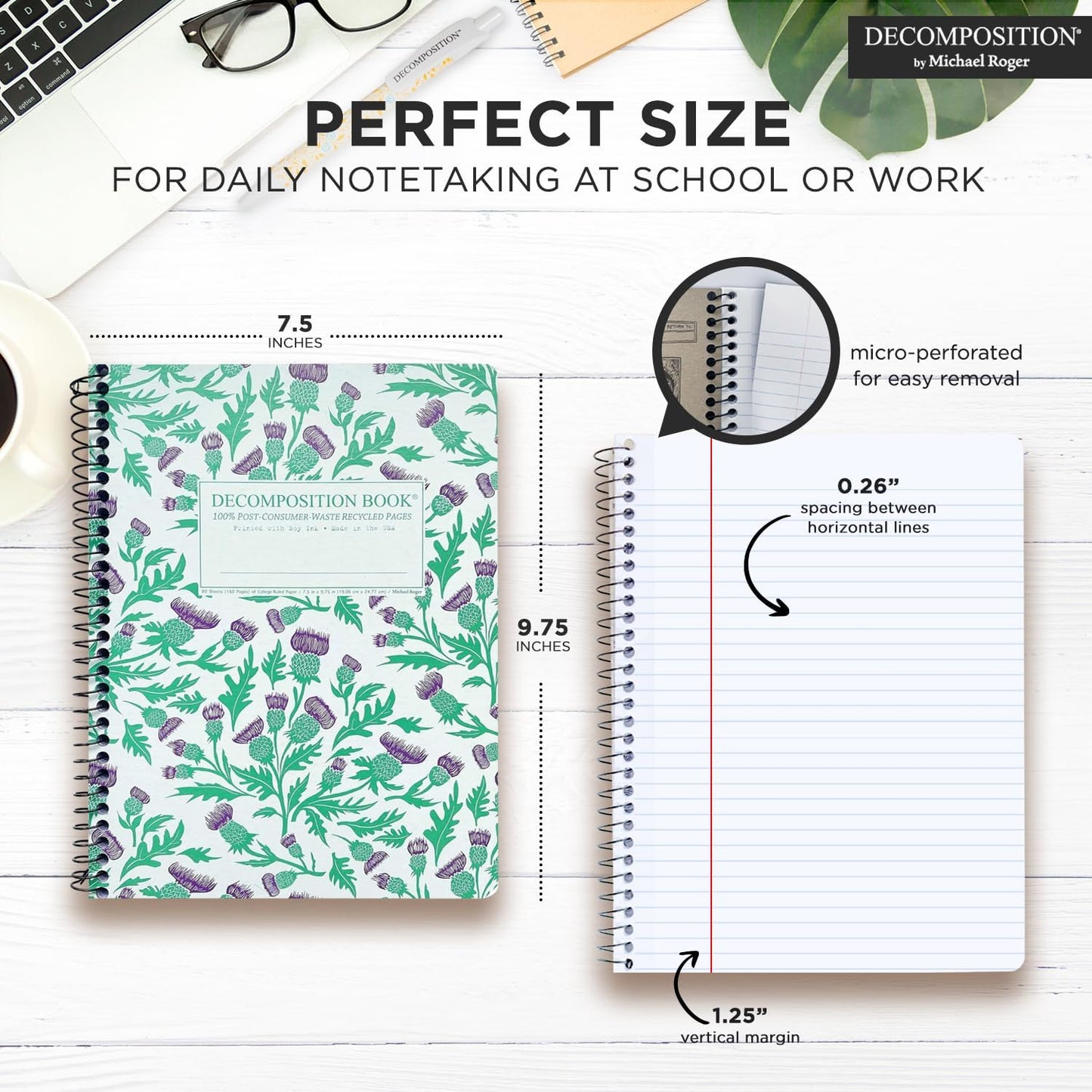 Decomposition Thistles College Ruled Spiral Notebook - 9.75 x 7.5 Journal with 160 Lined Pages - 100% Recycled Paper - Cute Notebooks for School Supplies, Home & Office - Made in USA