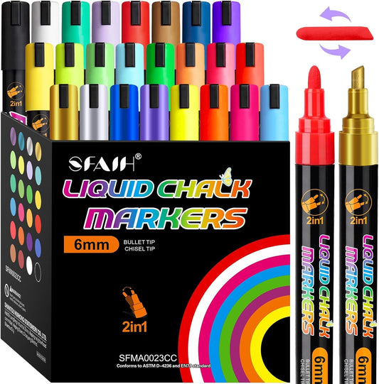 SFAIH 24 Vibrant Chalk Markers for Blackboard [1s Wet Wipe] - No Residue, 6mm Chalk Markers for Chalkboard Calendar, Glass, Window, Menus, Labels, Signs, Car, Non-Toxic, Ideal for Bistro Home School