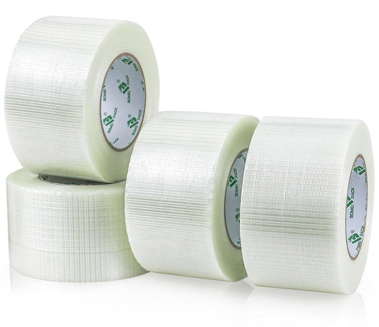 BOMEI PACK Fiber Reinforced Packing Tape 3 inch, Wide Clear Heavy Duty Bi Directional Filament Strapping Tape 3Inch x 55yds 6.7Mil, Total 4Rolls 220yds