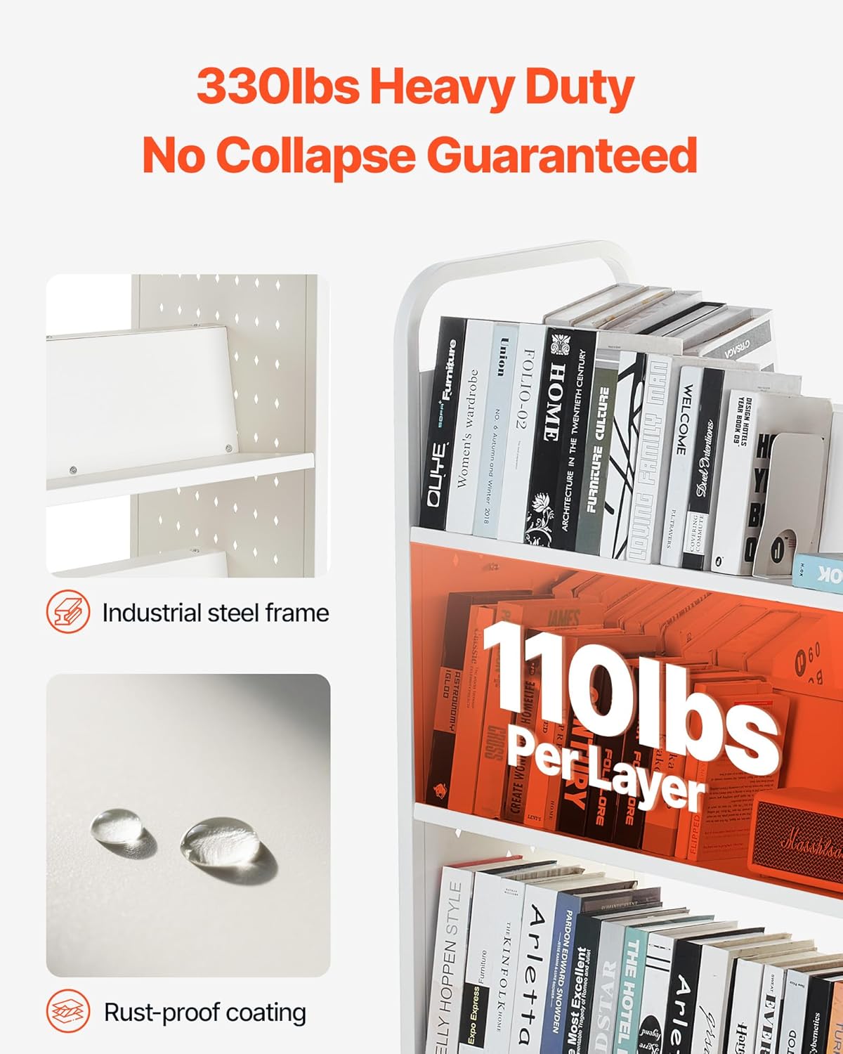 VEVOR Rolling Library Book Cart, 330 lbs Capacity, 38.2 x 20.3 x 48.2-Inch Library Cart, Double Sided W-Shaped Shelves with 3-Inch Lockable Wheels, Book Truck for Home Shelves Office and School, White