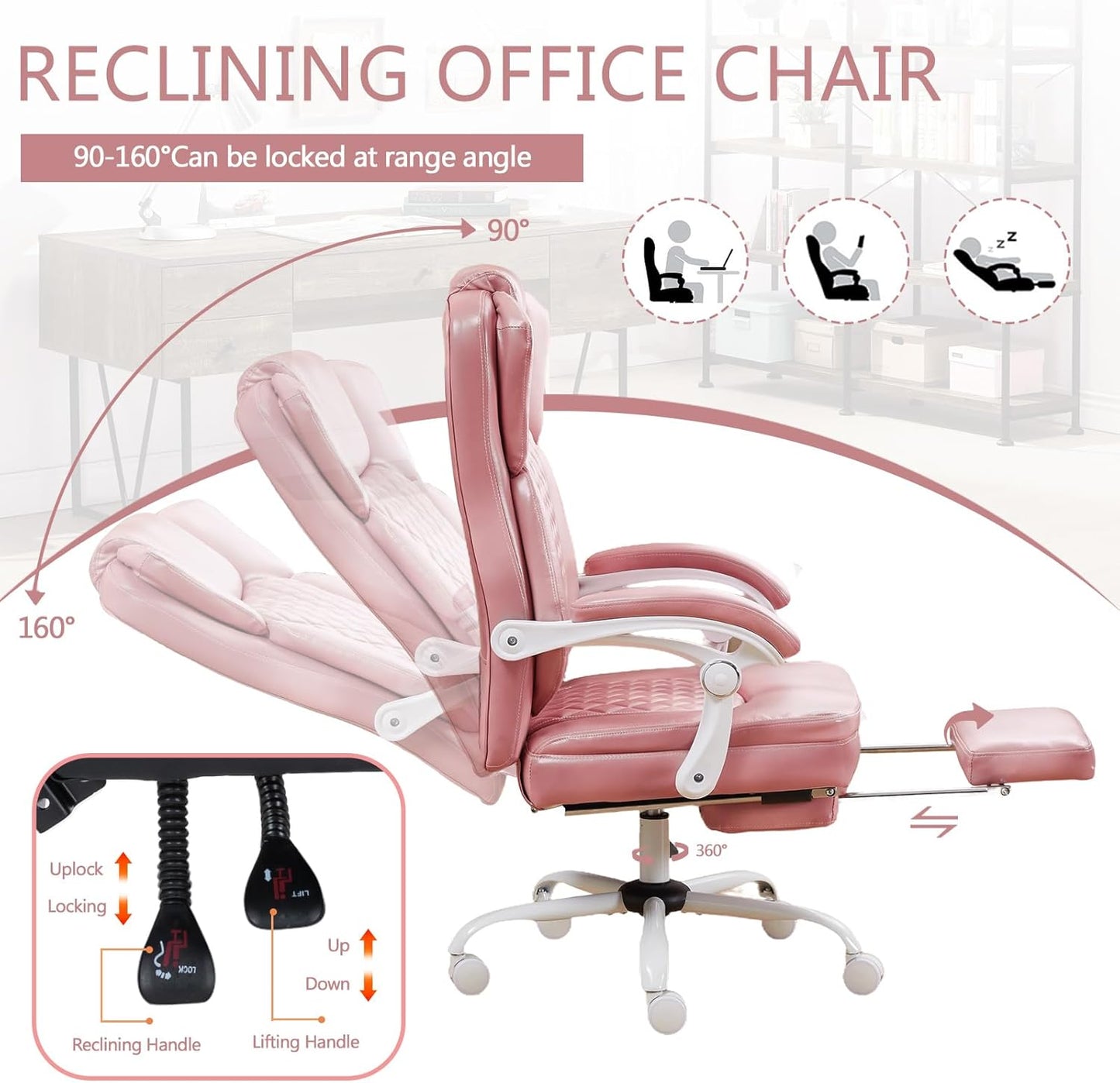Ergonomic Office Chair with Foot Rest, Executive Chair with Footrest PU Leather Computer Chair, Big and Tall Chair Reclining Desk Chair, Thick Padded Coil Spring Seat, 400 lbs Capacity (Pink)