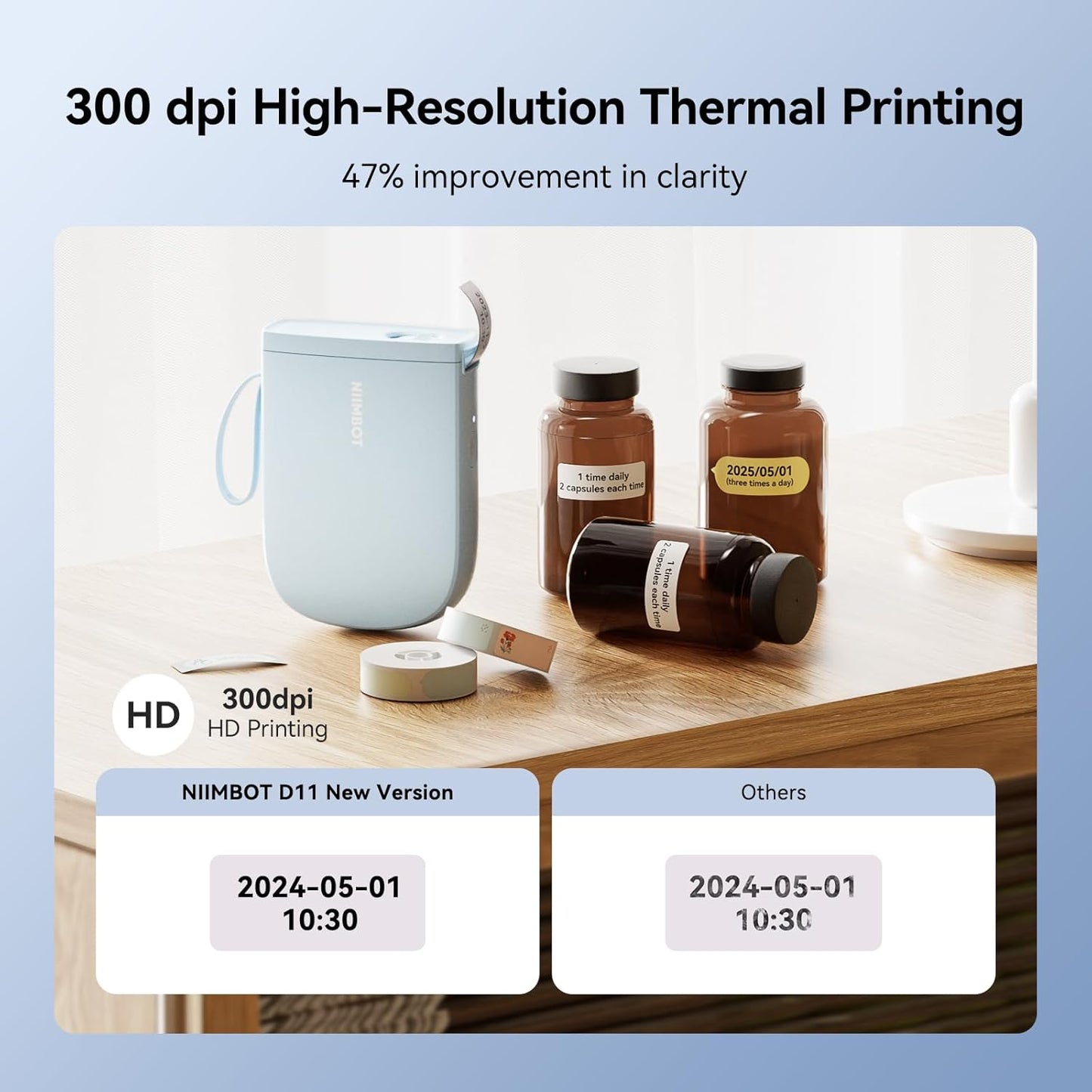 NIIMBOT D11 New Version Label Maker Machine with Tape,300DPI Bluetooth Label Printer, Portable Thermal Printer,Sticker Maker for Organizing Home Office School,Blue