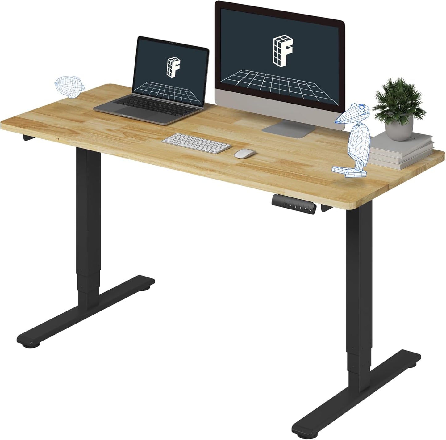 FLEXISPOT E6 Essential Solid Rubber Wood 3 Stages Dual Motor 55x24 Inch Electric Height Adjustable Standing Whole-Piece Board Desk Sit Stand Up Desk (Black Frame + Solid Wood Desktop)