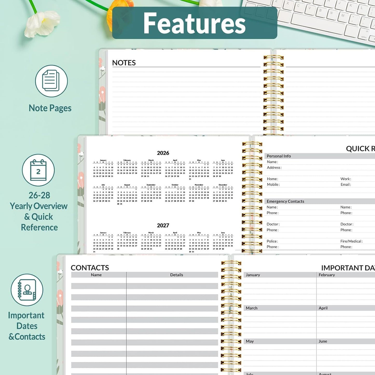 SUNEE 2026 Appointment Book, Quarter-Hourly, Weekly & Monthly - from January 2026 - December 2026, 6.4"x8.3" Weekly Planner, Flexible Cover, Note Pages, Pockets, Bookmark, Green Wildflowers